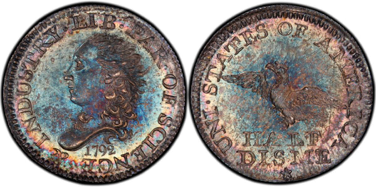  The finest-known 1792 Half Disme, graded PCGS MS-68, returns to its home base for display at the ANA 2018 Philadelphia World’s Fair of Money, Aug. 14-18, courtesy of ANA Governor Brian Hendelson. (Photo courtesy Professional Coin Grading Service.)