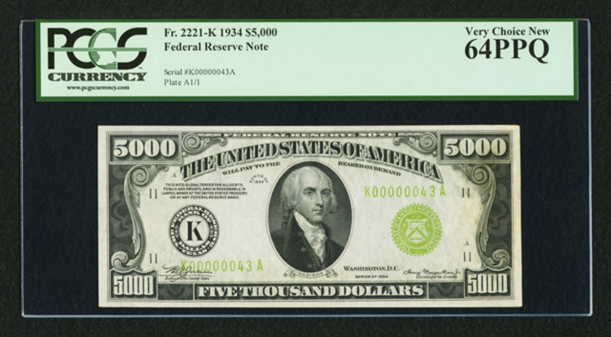 This 1934 Dallas $5,000 Federal Reserve Note should be a leader in Heritage’s auction at the Florida United Numismatists convention in Orlando.