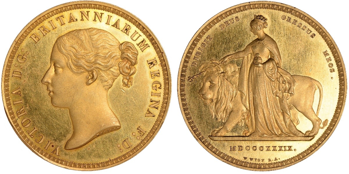 Star of the show: superb ‘Una and The Lion’ gold £5 of 1839 showing the rare DIRIGIT DEUS GRESSUS MEOS reverse legend (ESC-2628; W&R-277).  In ‘about FDC’ it sold well above double upper estimate for a price of $188,667. (Images courtesy Baldwin's of St James)