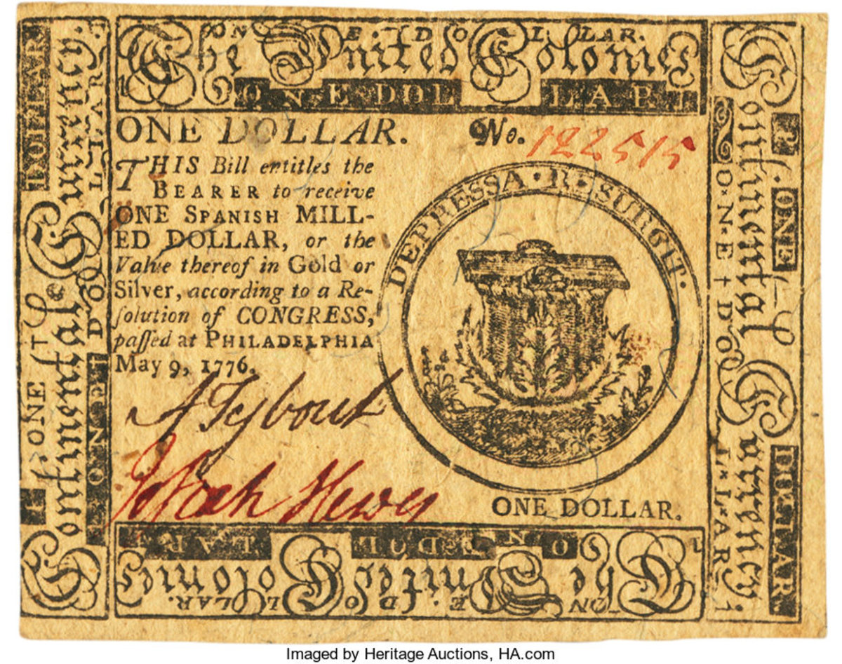 Shown here is an example of Continental Currency. This particular example is a Fr. $1 CC-31 dated May 9, 1776 and graded XF45PPQ by PCGS. (Image courtesy of Heritage Auctions)