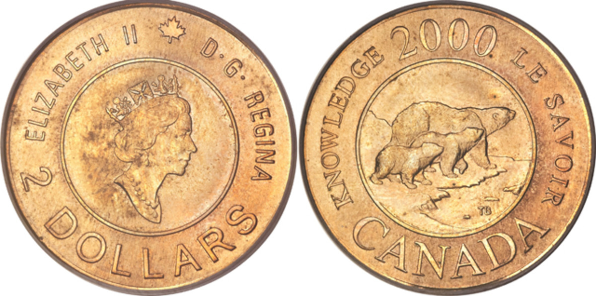 Multi-national error: obverse and reverse of Canadian 2000 Toonie struck on a U.S. Sacagawea dollar planchet. Graded MS-66 PCGS it was sold by Heritage Auctions in 2010 for $6,325. Image courtesy www.ha.com.