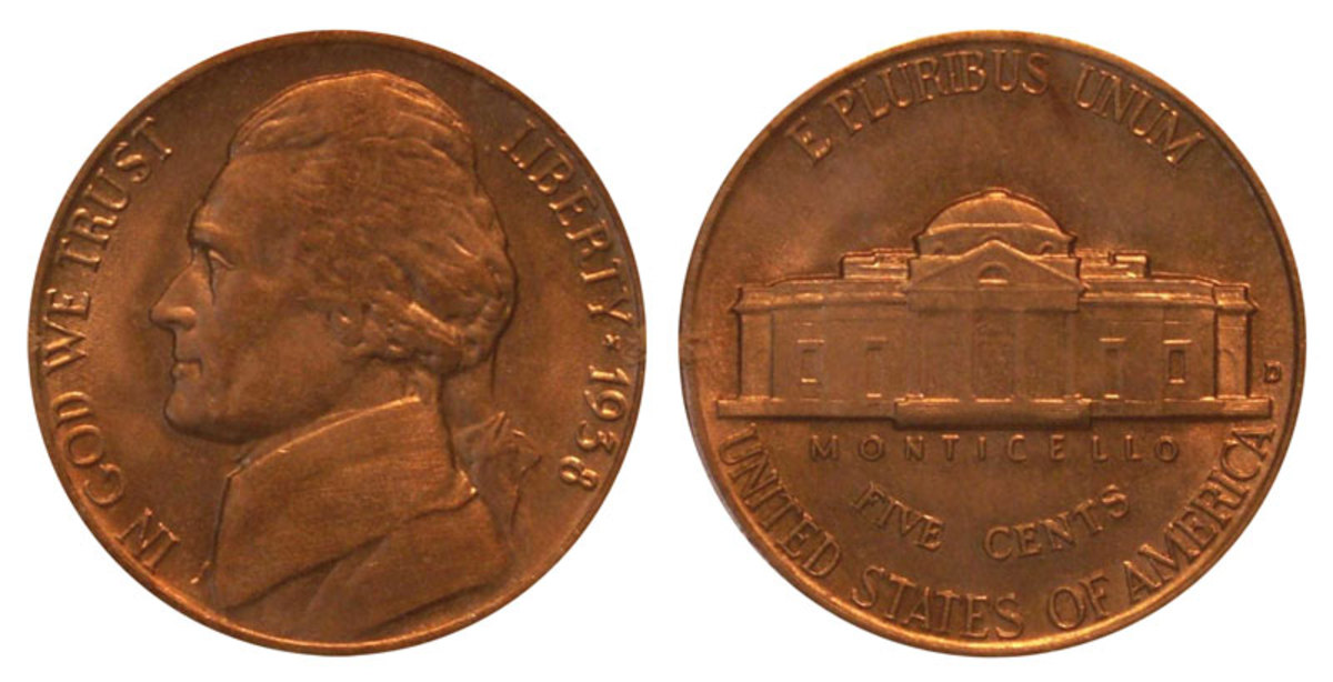 The 1938-D Jefferson nickel in MS65 if valued at $15.00, while in 65FS the value jumps to $95.00.  (Image courtesy of www.usacoinbook.com)
