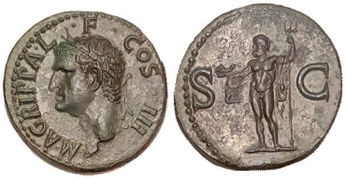 AGRIPPA, As, His bust l./SC, Neptune stg l; EF, centered & sharply struck, deep green patina with only very mild surface roughness & some glossiness; superb detailed portrait. An attractive coin of fine quality. (A GVF brought $4540, Kunker 11/13.) Starting Bid $450