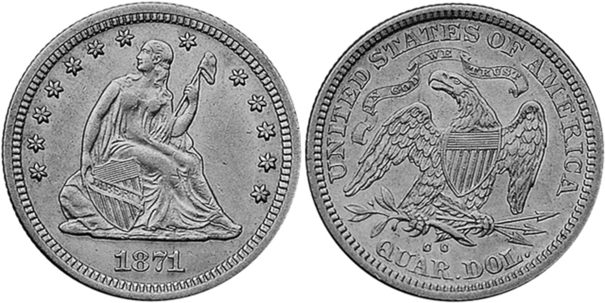 A very low mintage plus a lack of saving adds up to the very rare 1871-CC Seated Liberty quarter, which is tough to find in lower grades and nearly impossible in mint state.