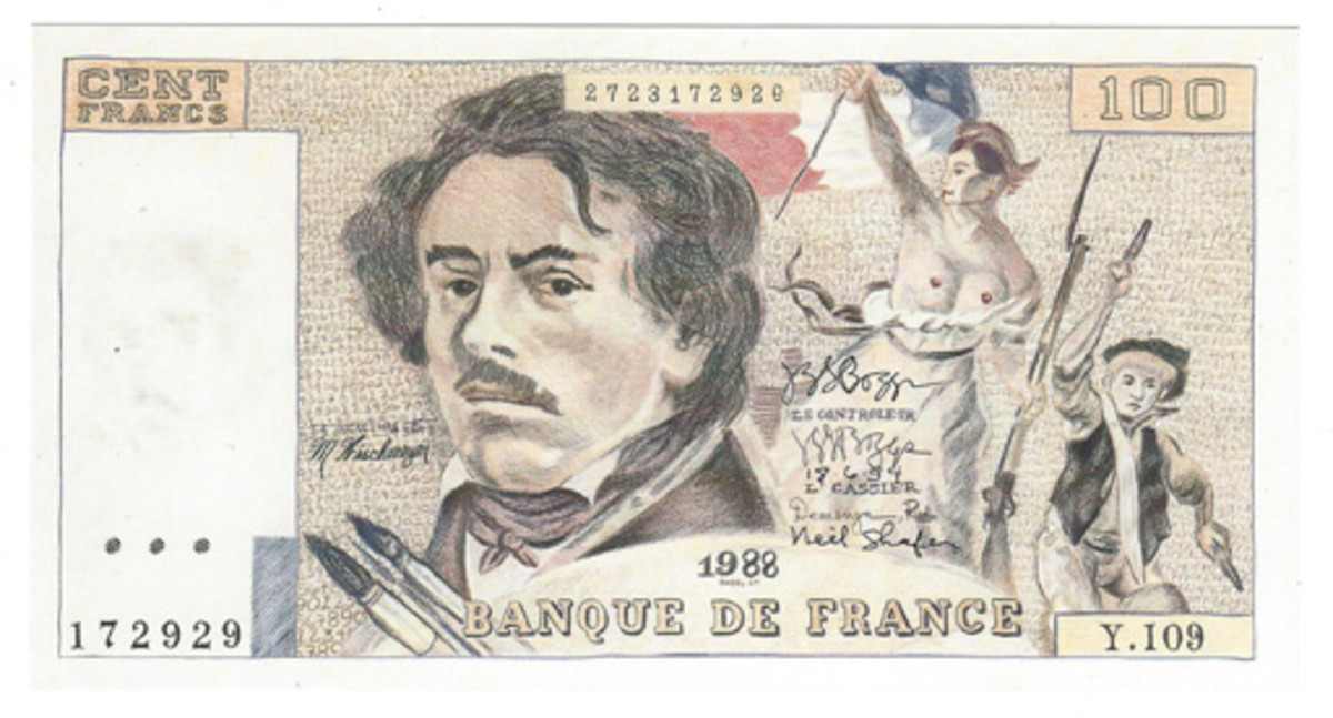  France is favored with a Boggs look alike of a 100-francs issue. Characteristics of its manufacture are basically similar to all the world issues shown here and as described in the caption for the English piece.