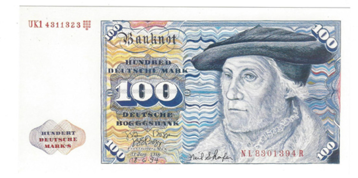  There are two items with respect to his German issue. The usual copy is based on a 100-mark note; the unusual piece is one with Boggs’ own portrait instead of the original one.