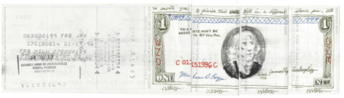  Sometimes Boggs took multiple check endorsements to finish the full back design. Here he used four returned checks to achieve the desired results.