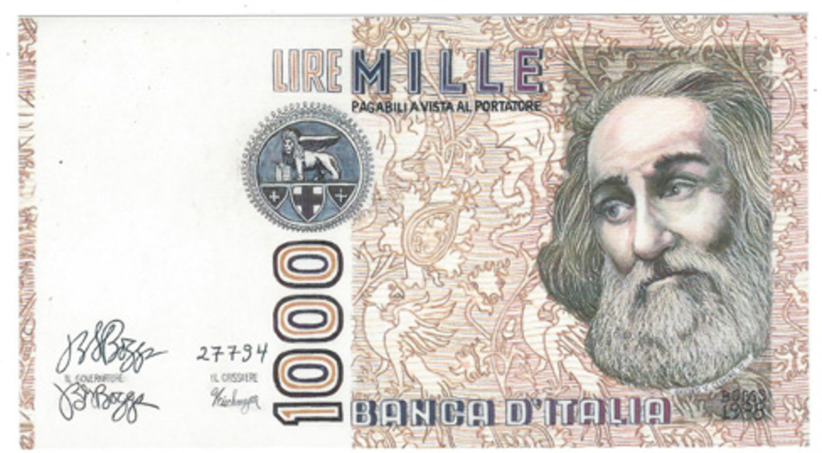  His Italian artwork was modeled after a 1,000-lire issue in use from 1982 to 1990.