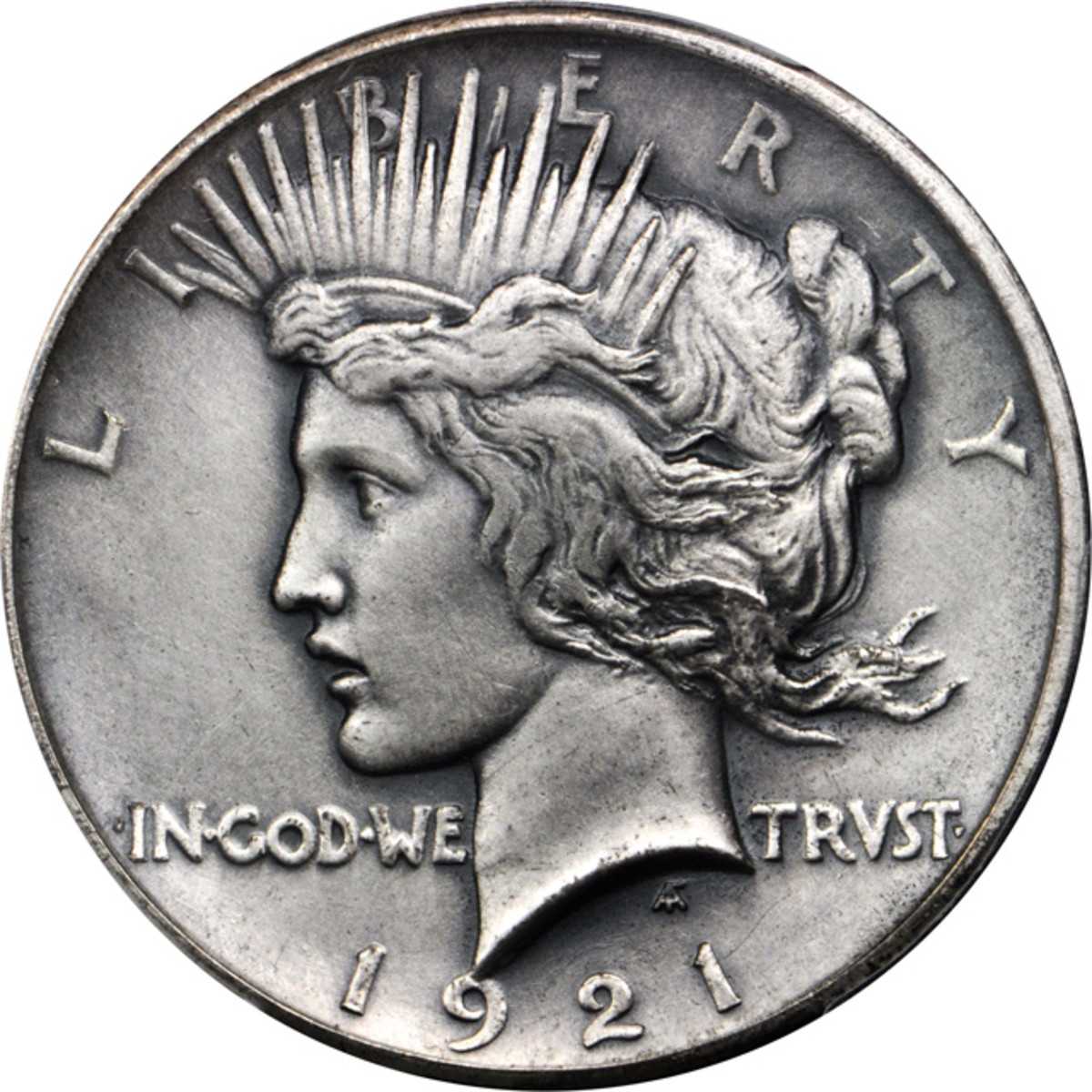 Lot 13166. 1921 Peace silver dollar. High Relief. Sandblast or Matte Finish, Antiqued. PCGS Specimen-64. Ex: Raymond T. Baker Estate.