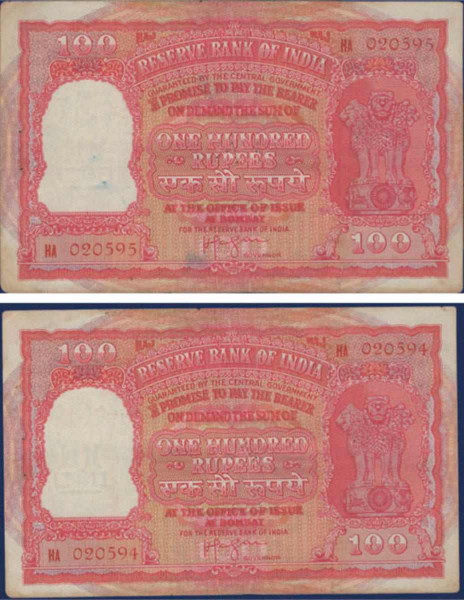  The pair of Reserve Bank of India Haj Rs100 that will be sold separately in April by DNW in PMG30 VF, with estimates of $40,000-46,000 apiece. (Photos courtesy DNW)