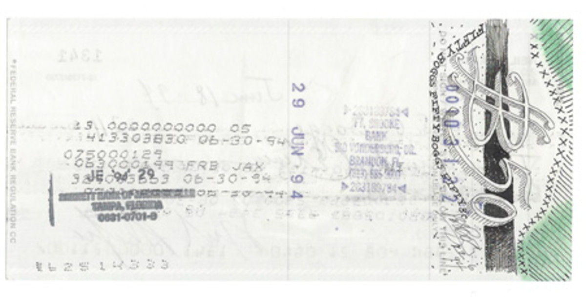  Did Boggs endorse all his checks with unique designs? This is one of mine returned in 1994 with a design of a $50 cipher having nothing at all to do with the $211 face value of the check.