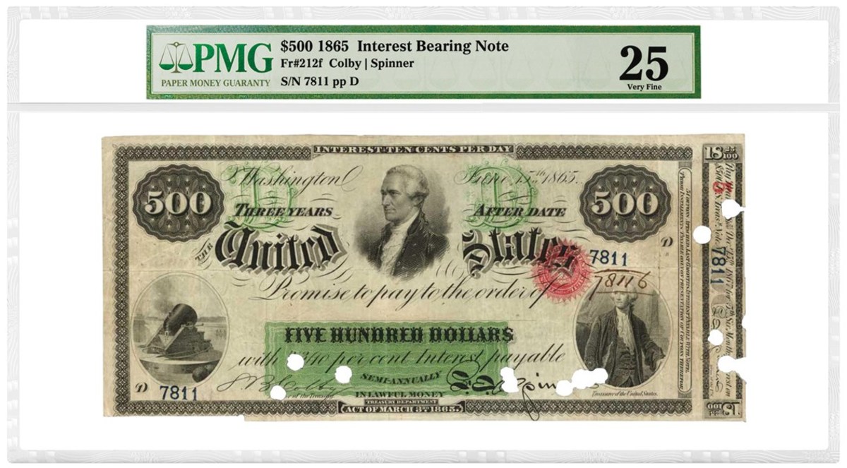 This 1865 $500 Interest Bearing Note, Fr. 212f, is graded PMG 25 Very Fine. It realized: $264,000. Image courtesy of PMG