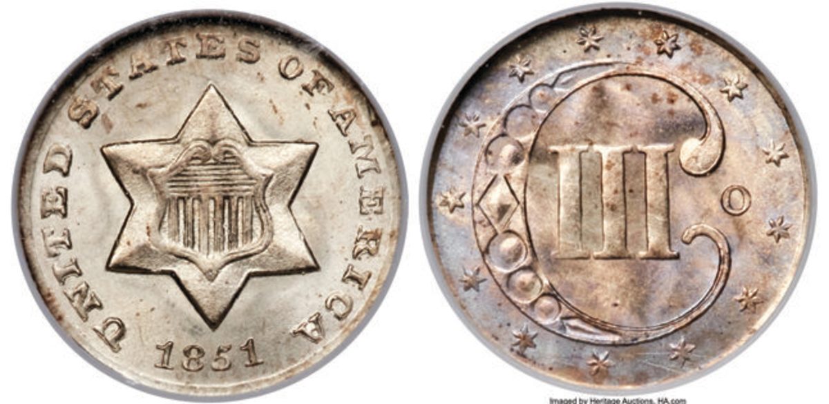 This 1851-O 3-cent piece is graded NGC MS-65 and is from the Richmond Collection. (Images courtesy Heritage Auctions, www.ha.com.)