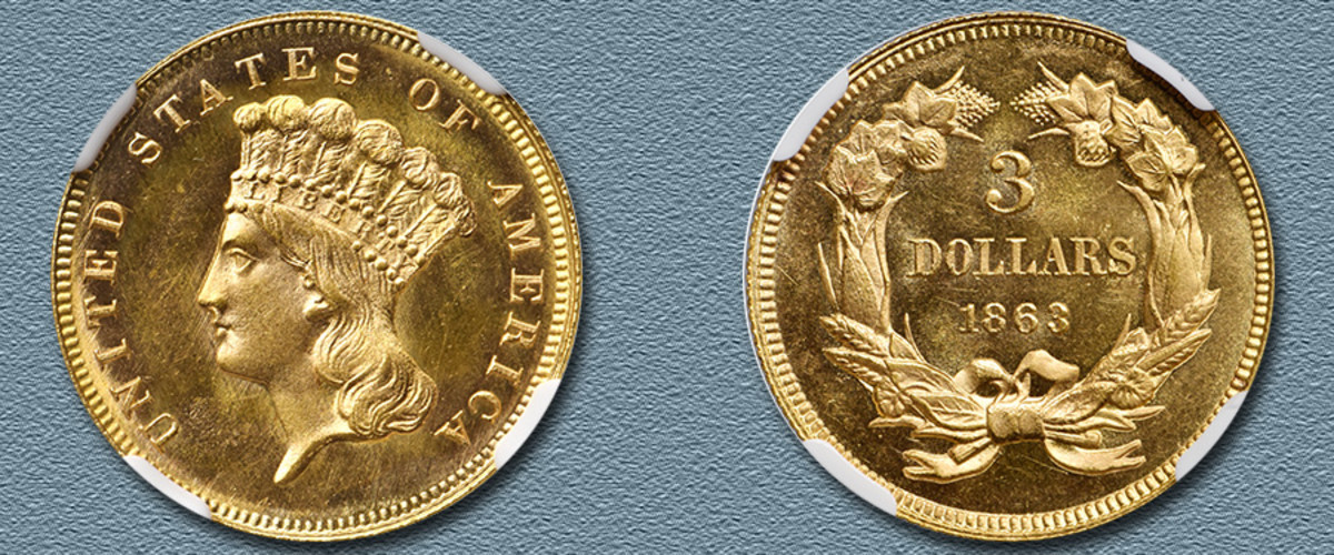 Graded MS-67 NGC, an 1863 three-dollar gold piece.