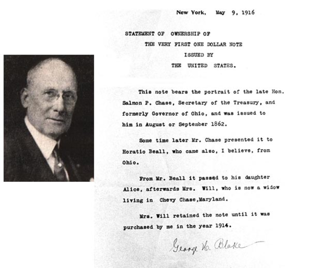  Figure 2. A photo of George Blake, left, which appeared in his obituary in 'The Numismatist' (1956). At right, memo in possession of the Chase Manhattan Bank written by George Blake that chronicled the route the $1 note took to reach him.
