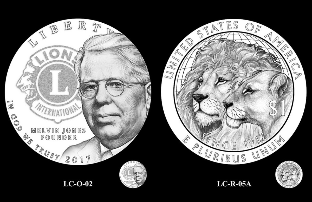 Obverse and reverse of the CCAC-endorsed 2017 Lions Club silver dollar commemorative coin.