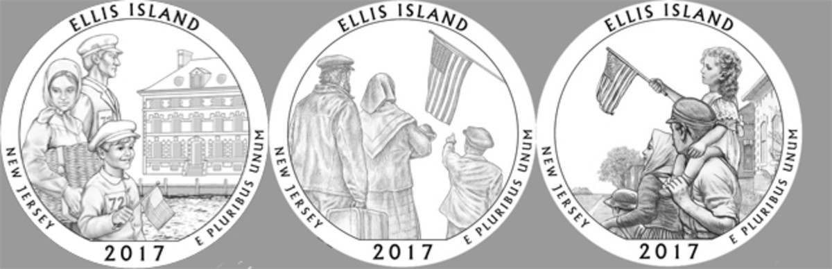 Selected by CCAC was Ellis Island design 05A, left, while the other two designs, 1A, center, and 10, had significant support.