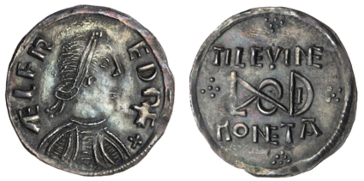  Rare King Alfred penny struck in London c.886-888 showing a refined portrait combined with the London monogram on the reverse. In EF, it realized $35,280. (Images courtesy and © Spink, London)