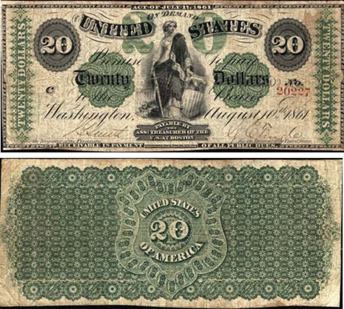 This 1861 $20 Demand Note, one of just four from Boston, is graded PMG VF-25. (Images courtesy Lyn Knight Auctions.)