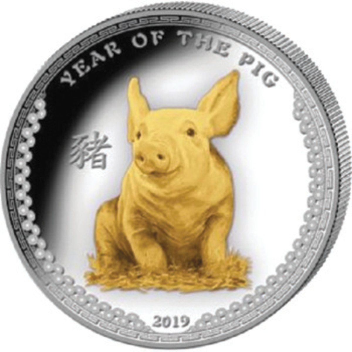 Cute colorized piglet fronts the reverse of Palau’s selectively gilded $5 proof. (Image courtesy Power Coin)