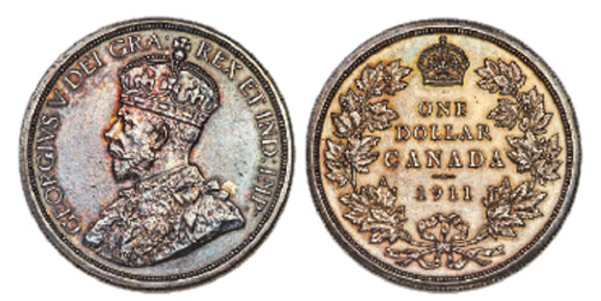  Featured in the auction is a George V one dollar 1911 Specimen Ex. Belzberg. It is one of only two examples struck in silver. (Images courtesy of Heritage Auctions.)