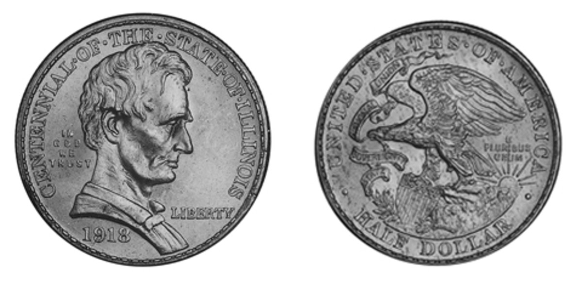 A large mintage for the Illinois Centennial half dollar led to many traveling the nation in bags for a while, resulting in a price of $565 for an MS-65 without any bagmarks.