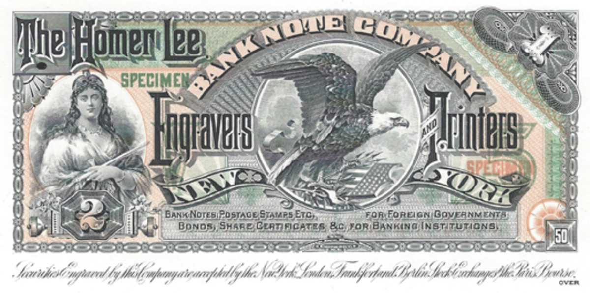  The Homer Lee Bank Note Company, founded in New York City by inventor Homer Lee in 1891, issued this advertising piece with vignettes of Lady Liberty and an eagle in and around 1885, according to the author.