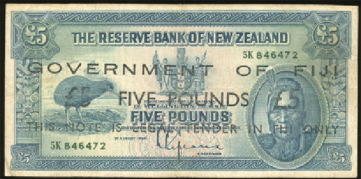  Overprint on a Reserve Bank of New Zealand £5 note with 5K prefix. (Image courtesy and © Spink, www.spink.com)