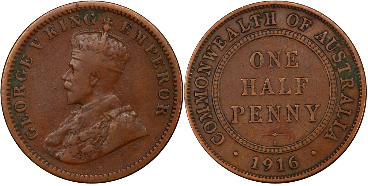 Indian 1/4 anna (KM-512) obverse and Australian halfpenny (KM-22) reverse are combined on Australia’s rarest circulating coin, the 1916 mule (KM-30). This example is a new discovery that will be offered for sale by Roxburys in Queensland on October 5. Images courtesy and © Heritage Auctions