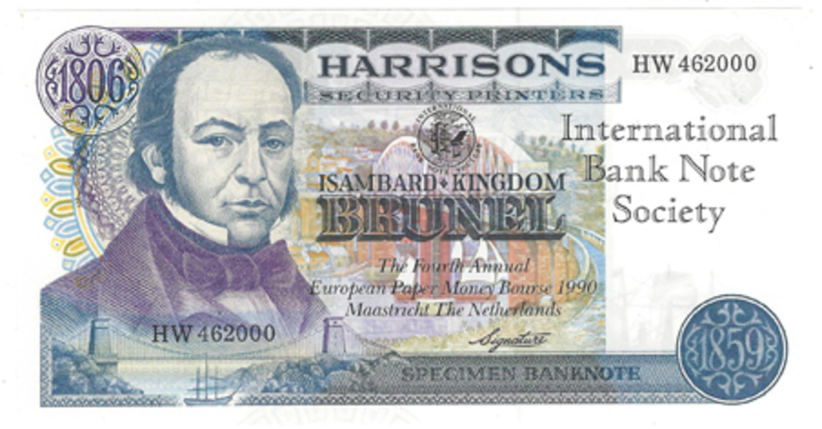  English security printer Harrisons is represented in this issue that was used as a promotional advertising piece for the fourth Maastrict Paper money convention in 1990. The portrait is unidentified.