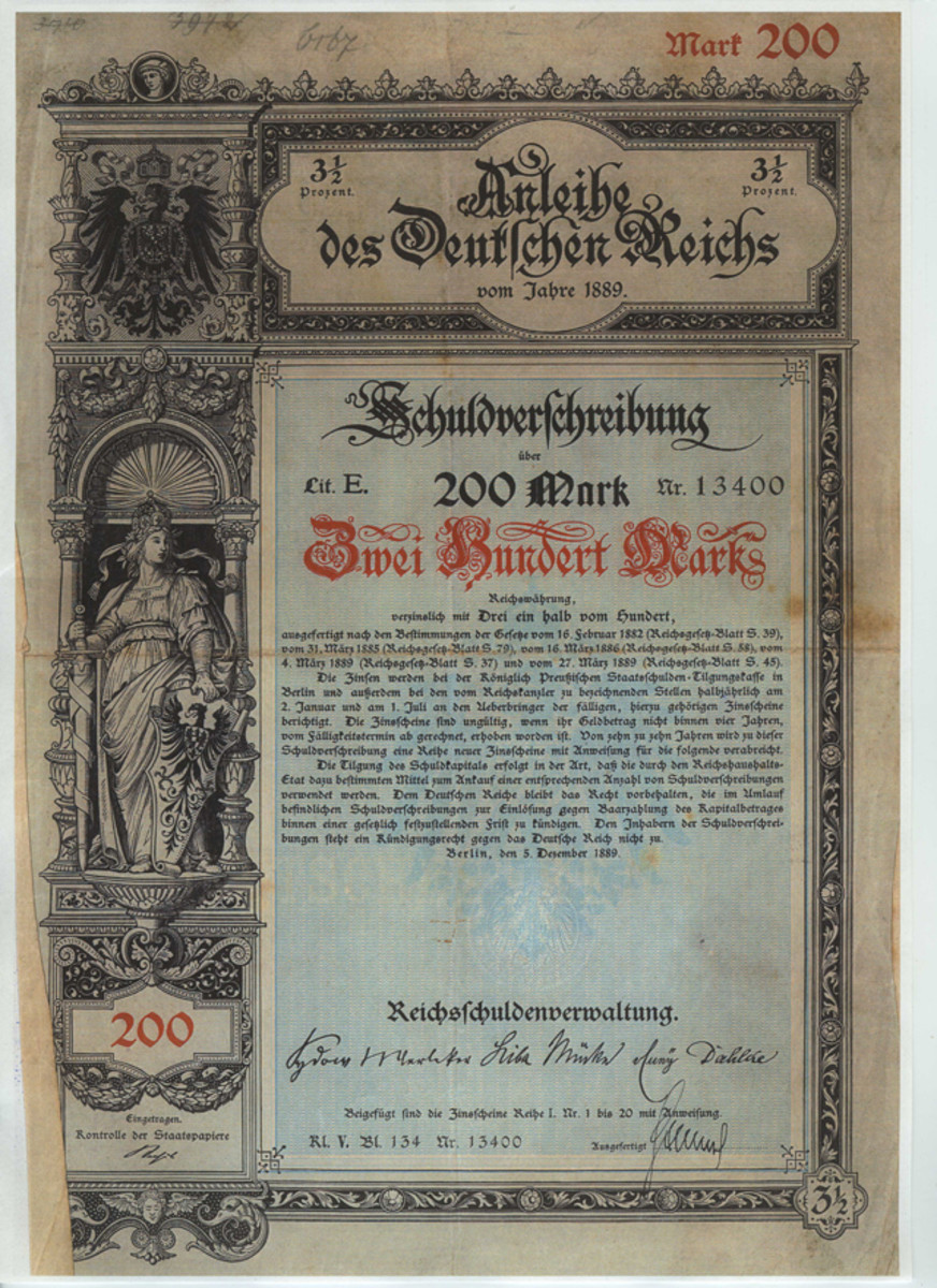 German Reich Loan, 3 1/2% bond 200 mark, Lit E, Berlin Dec. 5,1889. Only one found. All images courtesy and © Spink.