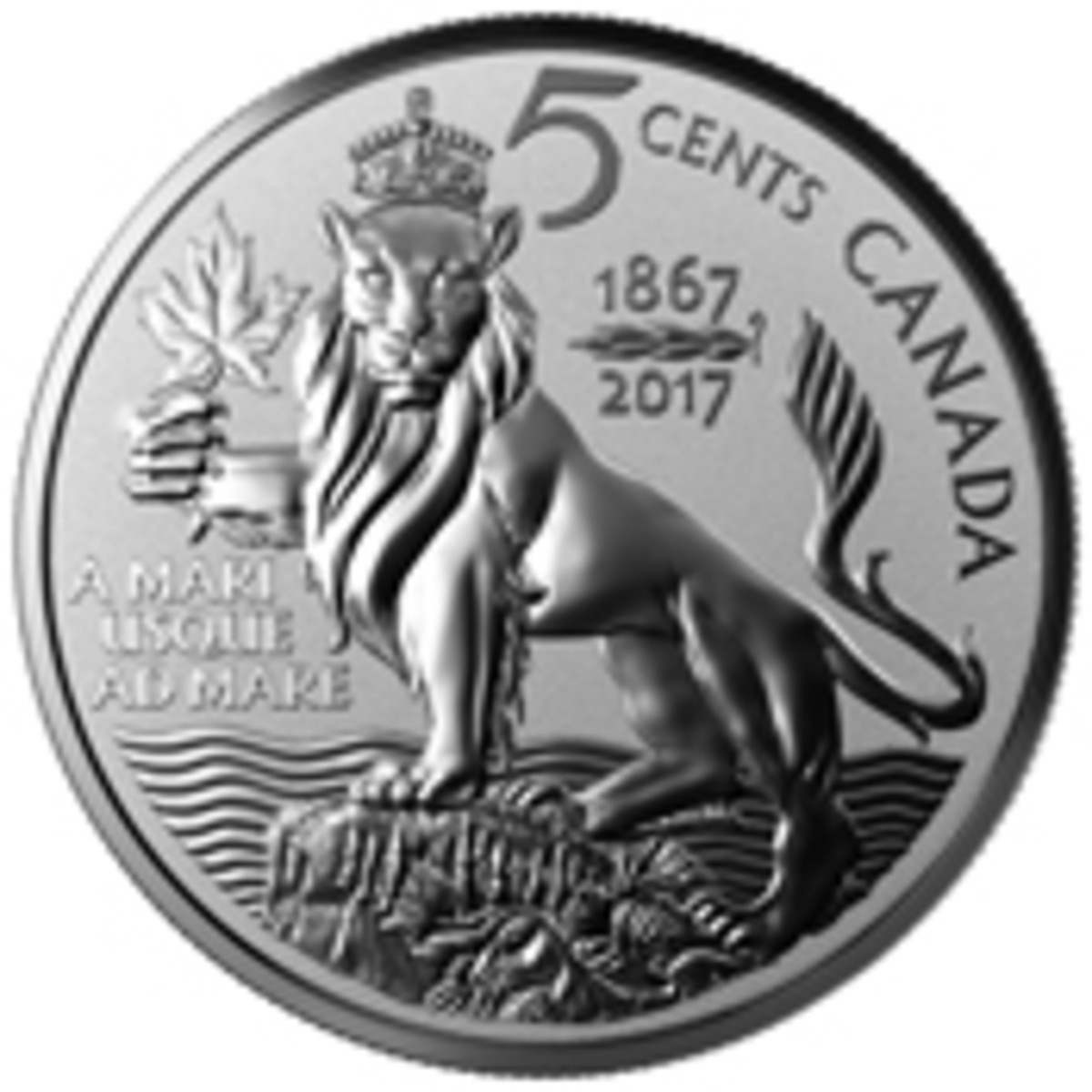  Unused design from 1927 Diamond Jubilee 5 cents: the crowned British lion stands proud while firmly clutching a maple leaf.