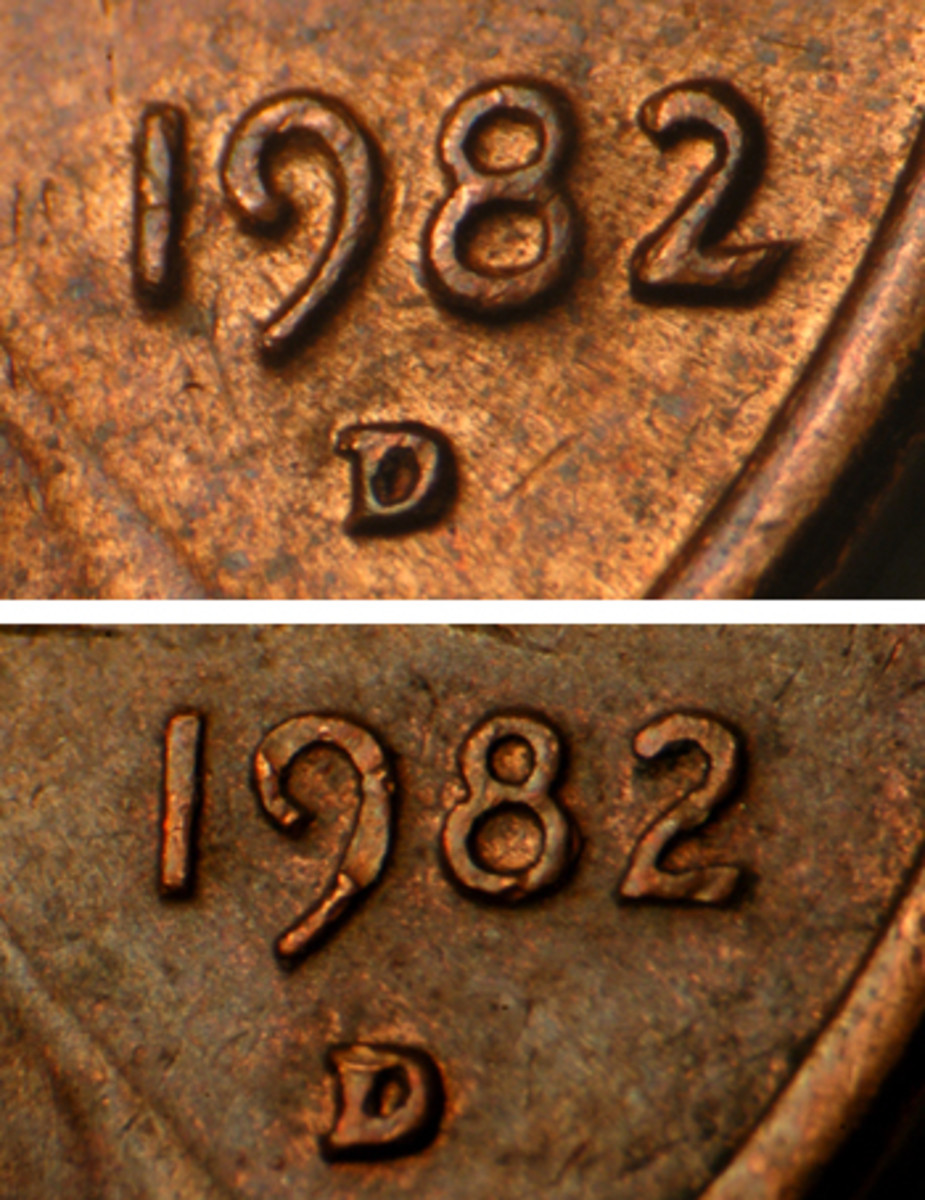  Close-up views of the 1982-D Large Date cent (top) and the 1982-D Small Date cent (bottom).