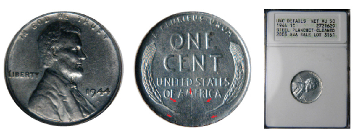  Two steel 1944 cents walking into the Michigan show in late November. The two pieces were in ANACS slabs. Brad Hawthorne owns both. The one graded AU Details Net EF-40 had a Strike Through error on the reverse (see arrows). It was probably struck through grease. The one graded UNC Details Net AU-50 had no errors on it and is simply shown in the slab.