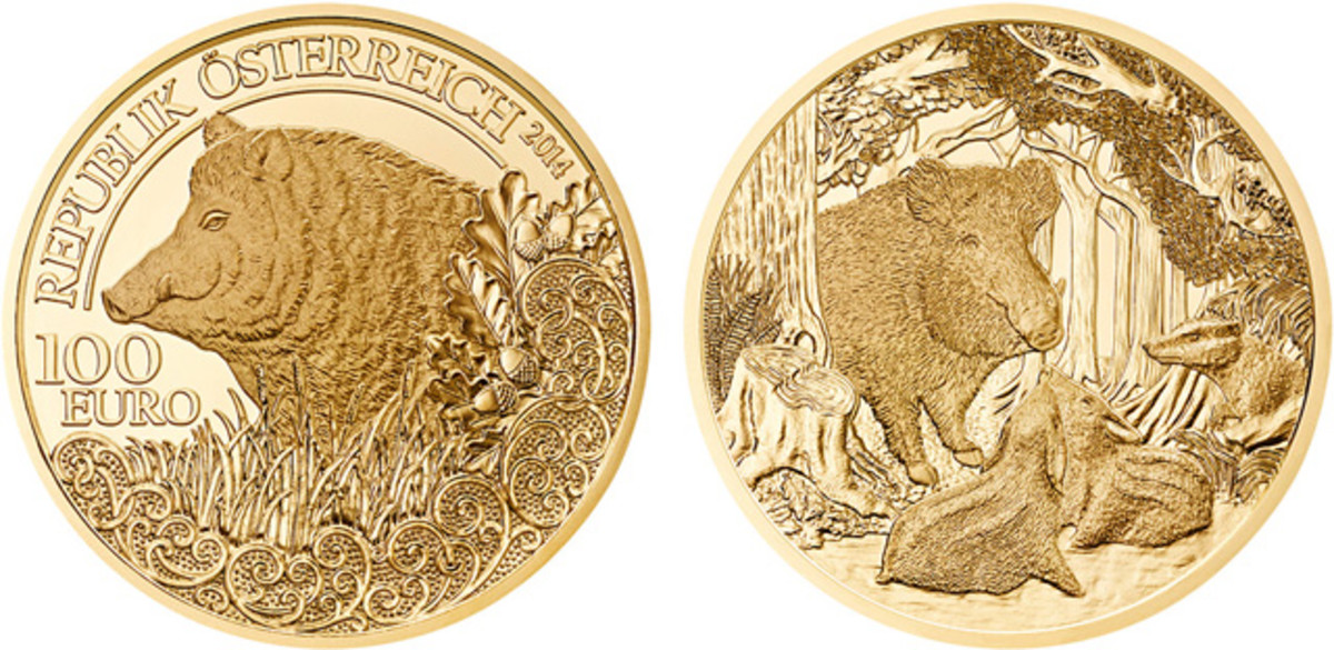 2014 Austrian 100-euro gold coin featuring wild boar, the second in the "Wildlife in our Sights" series.