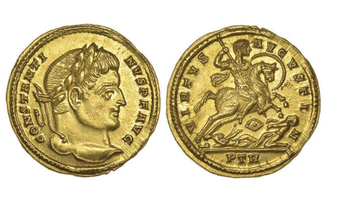  Obverse and reverse of the rare, 4th-century gold solidus of Constantine found in a field in Somerset earlier this year and which will be sold by Dix Noonan Webb on September 17. DNW notes no solidus of Constantine showing this coin’s precise reverse has been sold for many years. A similar example was sold by Roma Numismatics in February 2019 but differed in lacking the lozenge-shaped shield beneath the horse. Images courtesy & © 2019 Dix Noonan Webb.