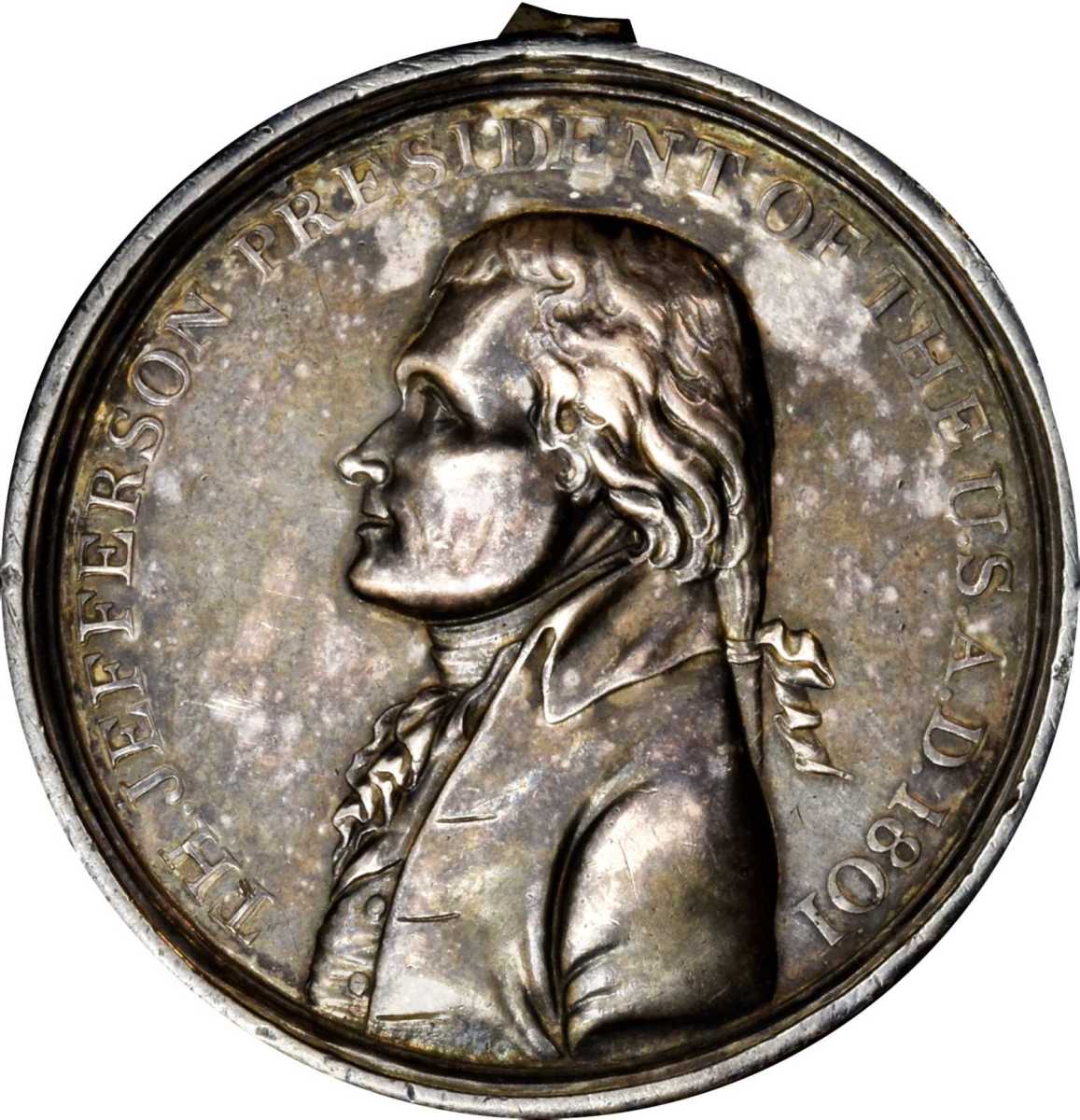 An 1801 Thomas Jefferson small-size Indian Peace medal (Julian IP-4, Prucha-39), weighing 728.1 grains and measuring 54.4 mm. (Image courtesy of Stack’s Bowers)