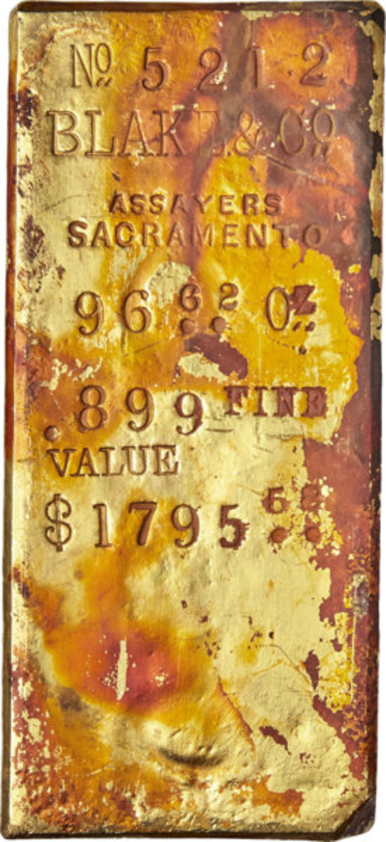 Recovered from the SS Central America wreckage, this Blake & Co. 96.62-ounce gold ingot has a current bid of $220,000. (Image courtesy of Heritage Auctions)