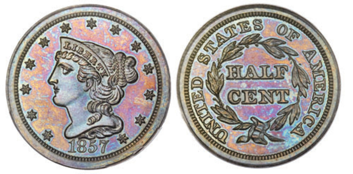  The half cent was last struck in 1857. (Goldberg image)
