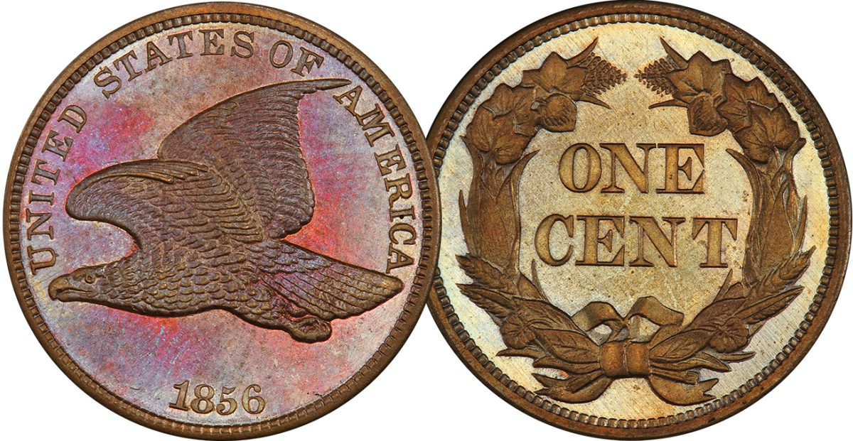 Lot 5. 1C 1856 Flying Eagle. PCGS PR66 CAC.  Using a strong glass, the auctioneer is unable to locate a single mark, tick, line of fleck anywhere.  Estimate $60,000+.