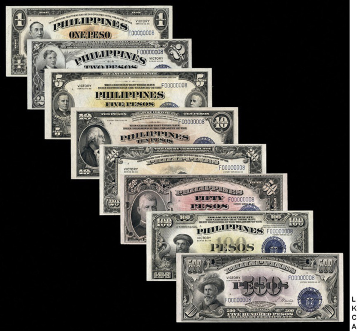 Top-selling complete Philippines VICTORY Series No. 66 set, one to 500 pesos (P-94, -95a, -96, -97, -98a, -99a, -100a, -101a) all with serial number #0000008 that realized $28,200.