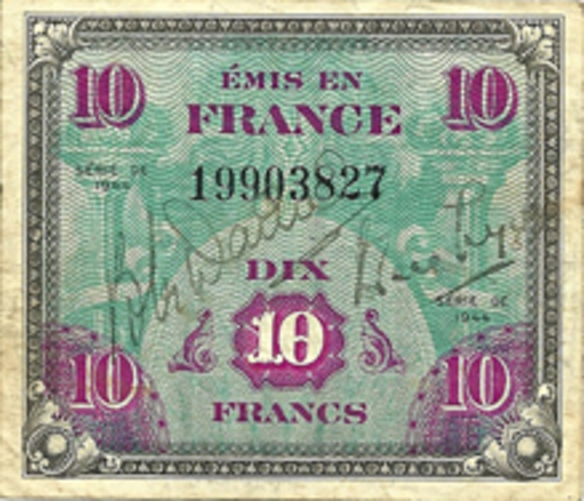  Here is the face of the Allied Military Currency 10-franc note with two unknown signatures.