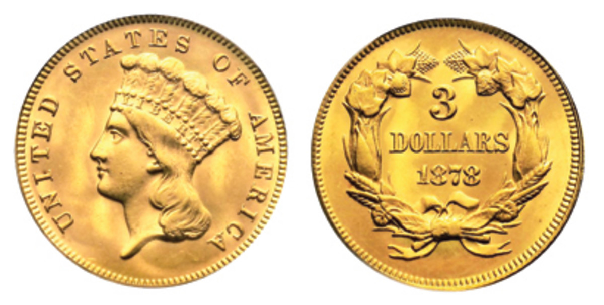  The 1878 $3 gold coin is considered the most common issue of this denomination. (Image courtesy of Stack’s Bowers)