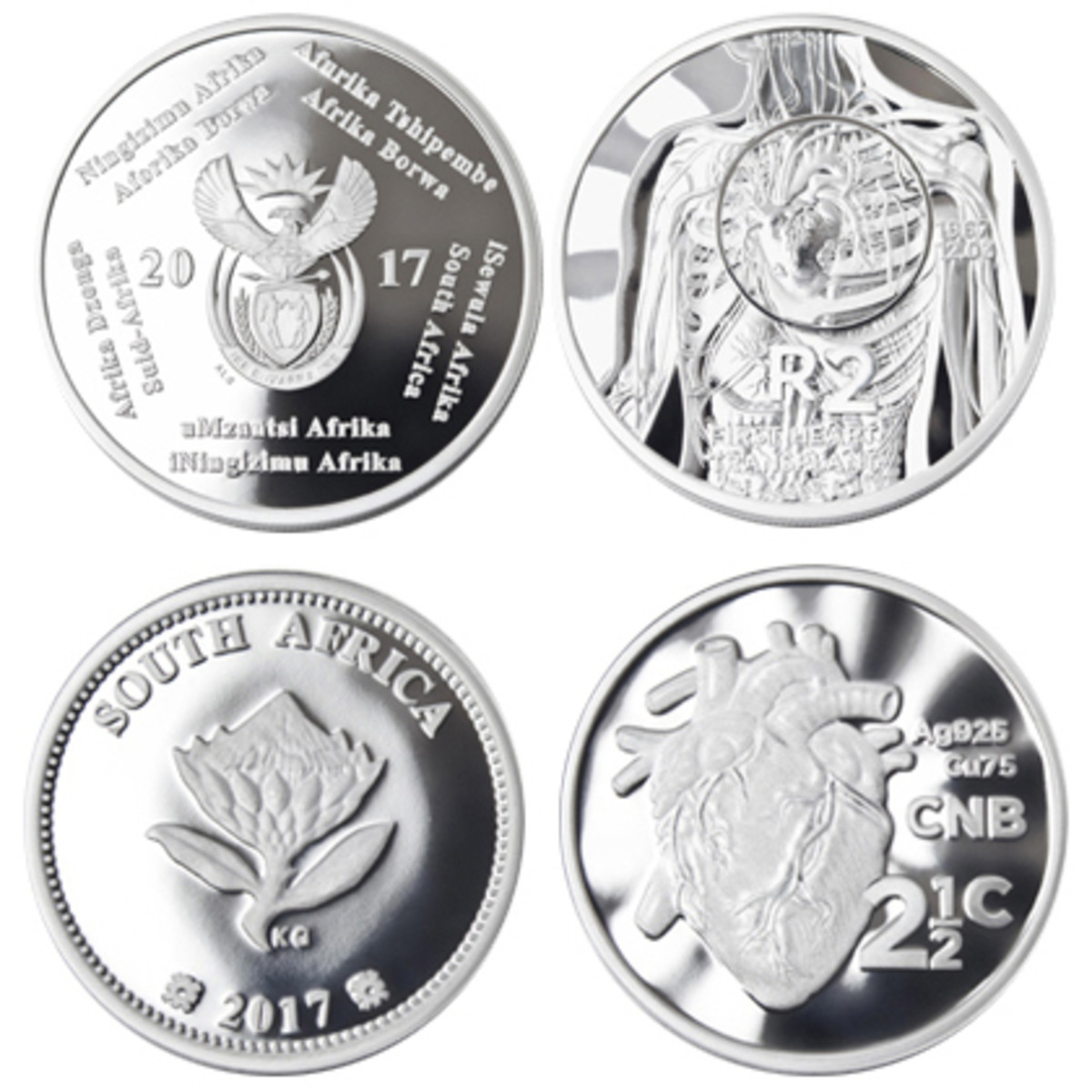  Obverses and reverses of the silver 2 rand and tickey marking the 50th anniversary of the first human-to-human heart transplant. (Images courtesy & © The South African Mint)
