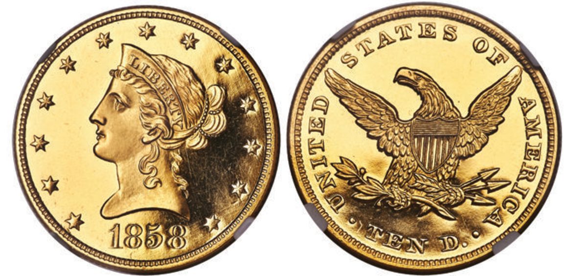 An 1858 proof Liberty eagle gold coin leads Heritage Auction’s Central States offerings. (All images courtesy Heritage Auctions.)