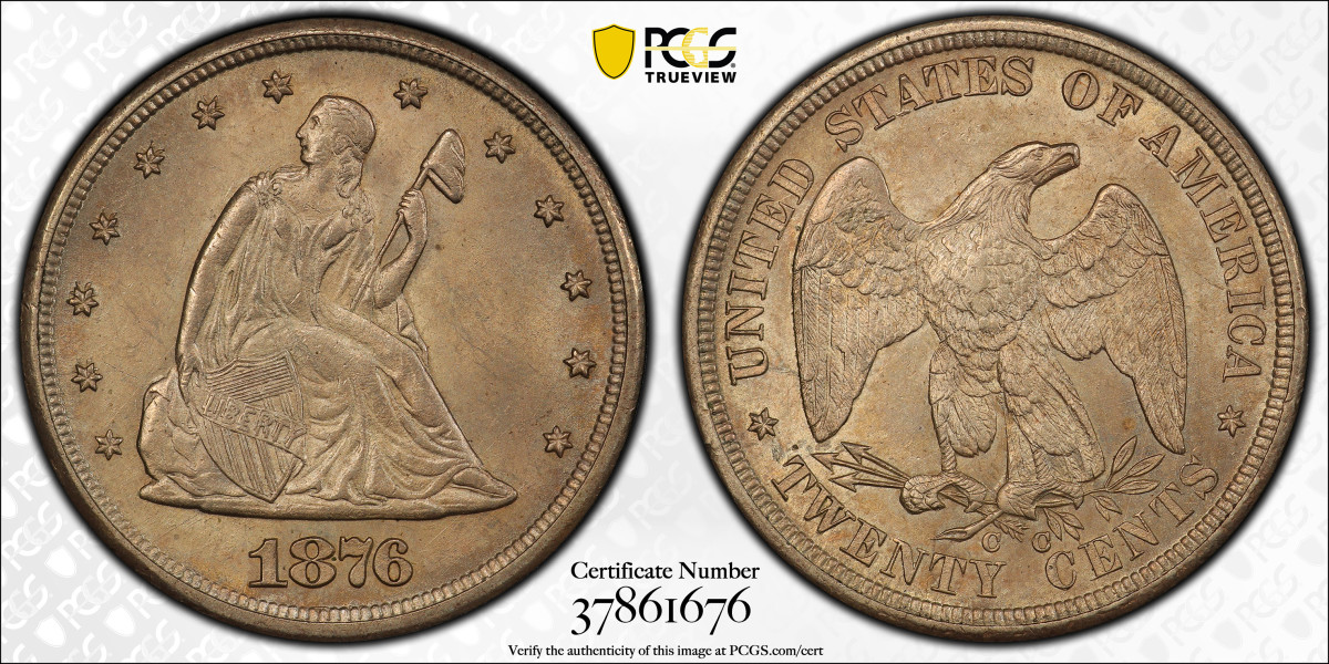 The 1876-CC twenty-cent piece in this auction, graded MS65 PCGS, is one of four seen in this grade at PCGS. Only two have been seen in a higher condition. (Image courtesy of PCGS)