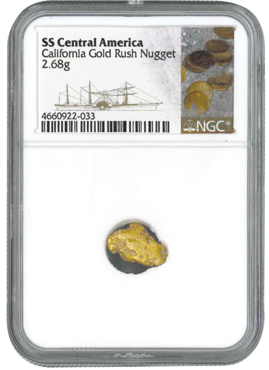 An example of a sunken treasure California Gold Rush gold nugget recovered from the fabled ‘S.S. Central America.’ (Photo courtesy Asset Marketing Services.)