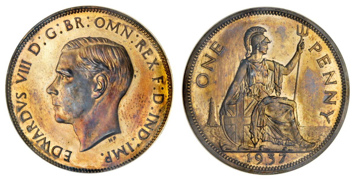 Pearl-of-great-price: the sole Edward VIII pattern penny available to collectors outside that in a complete set of the uncrowned monarch’s coins. It will be offered by Spink in London on Sept. 24 as part ‘The Waterbird Collection of English Rarities’. Images courtesy and © Spink.