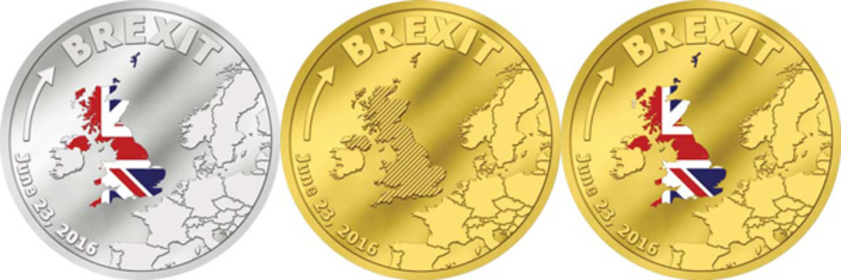 The Brexit commemorative coins struck for the Cook Islands by CIT. From left: silver $1, gold $5 and gold $20. (Images courtesy Coin Invest Trust.)