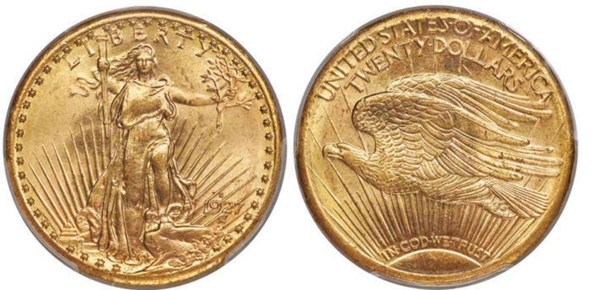 Heritage Auctions is offering this 1927-S $20 Saint Gaudens graded PCGS MS-65. Images courtesy Heritage Auctions, HA.com)